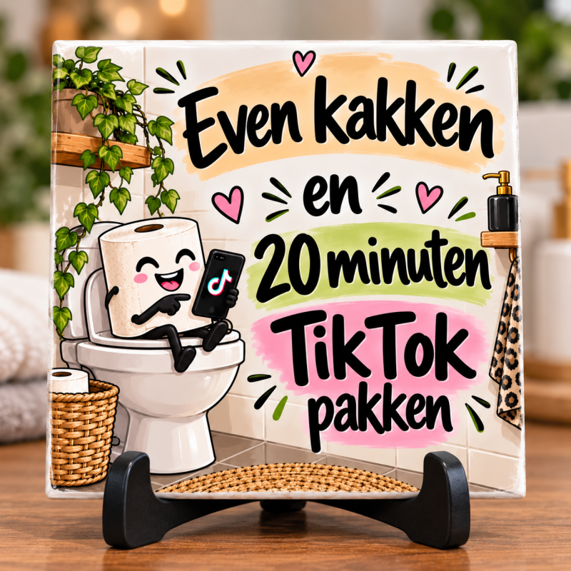 Tegeltje – Even kakken en 20 minuten TikTok pakken – Grappig WC Tegeltje – Toilet Decoratie – Humor Cadeau – 15 x 15 cm