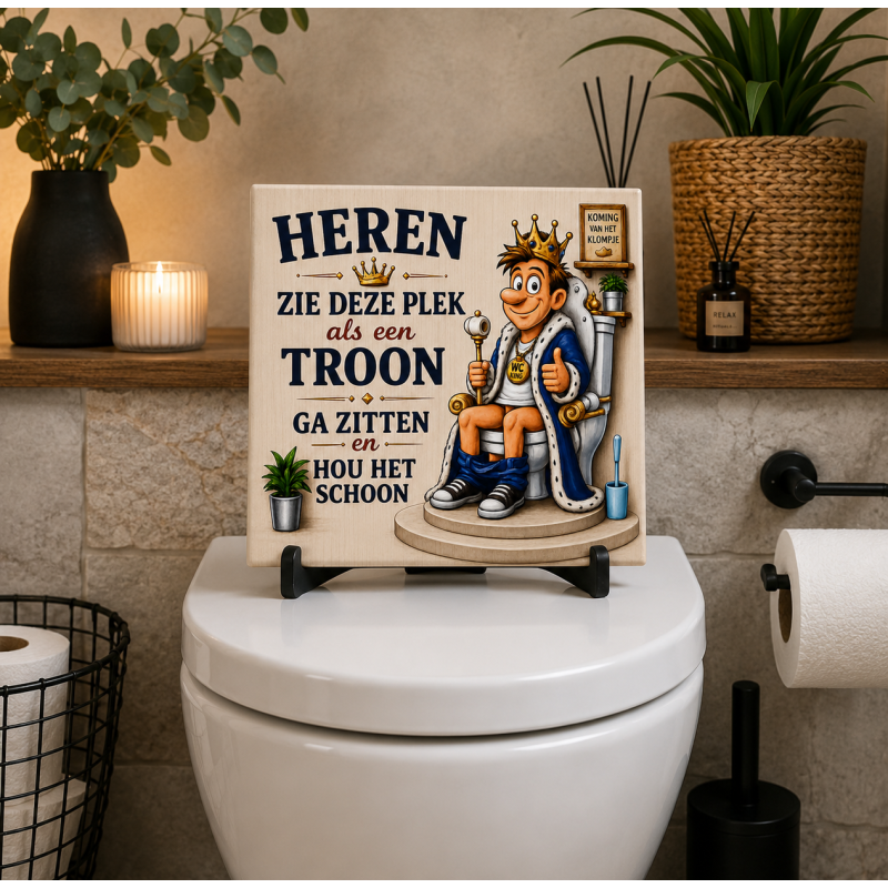 Grappig WC Tegeltje – "Heren Zie Deze Plek Als Een Troon" – Keramisch Toiletbord – Humor Cadeau voor Mannen – 15 x 15 cm