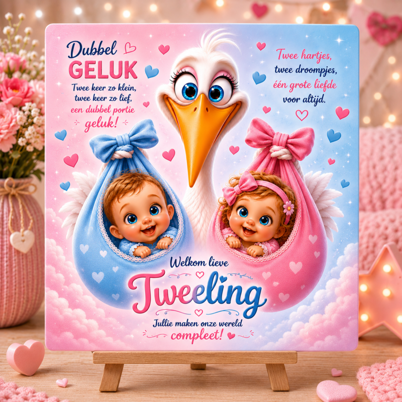 Geboortetegel Tweeling Jongen & Meisje – Keramisch Tegeltje met Ooievaar | Kraamcadeau voor Tweeling | 15 x 15 cm