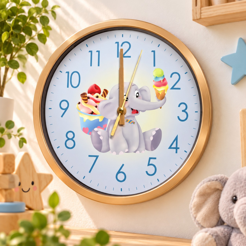 Wandklok Kinderkamer Olifant met IJsje – 20 cm – Stil Uurwerk – Goudkleurige Rand – Kinderklok