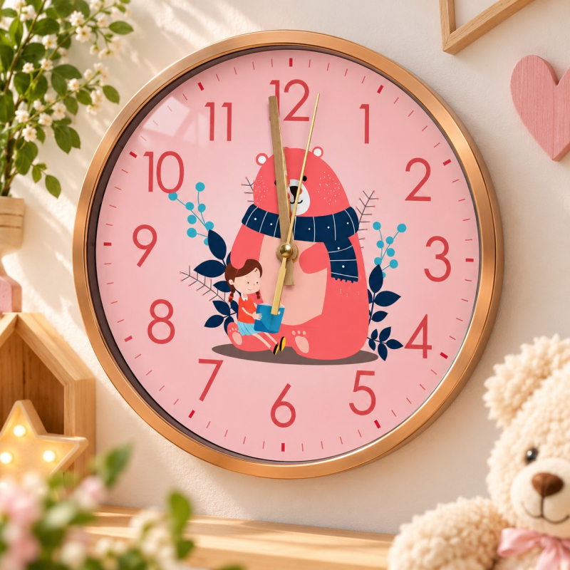 Wandklok Kinderkamer Roze met Beer en Meisje – 20 cm – Stil Uurwerk – Koper-Goudkleurige Rand
