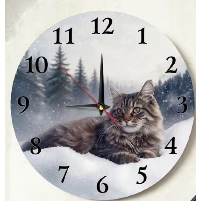 Wandklok 30 cm Kat in de Sneeuw– Stille Klok met Schattige Kattenprint – Sfeervolle Woondecoratie