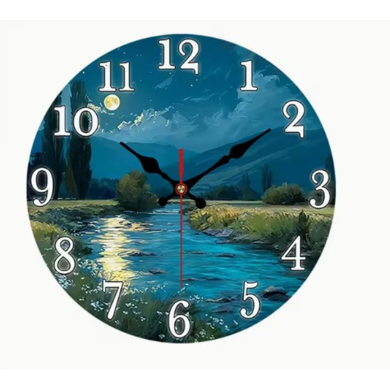 Stille Wandklok 30 cm – Maanlicht Vallei Landschap – Geruisloze Klok met Rustgevend Rivier Design