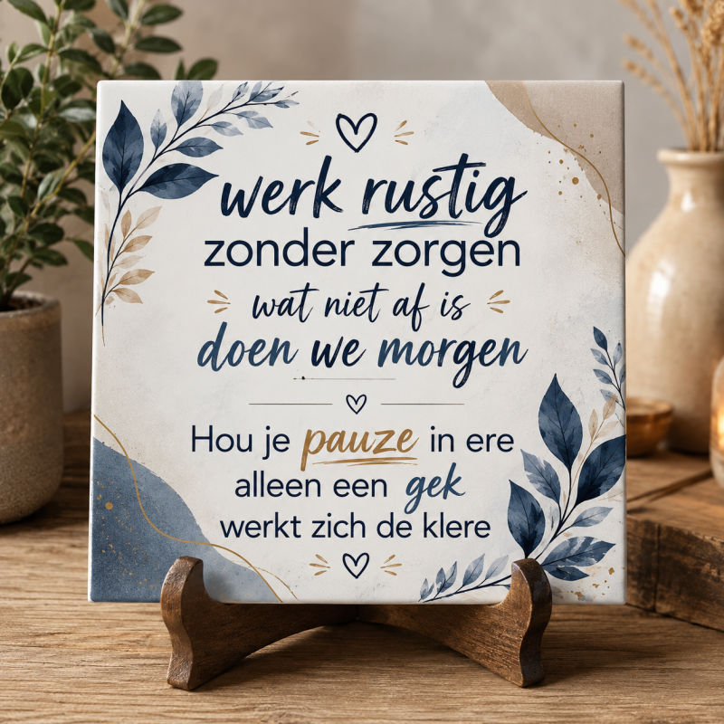 Humor Tegeltje 15x15 cm – “Werk rustig zonder zorgen”