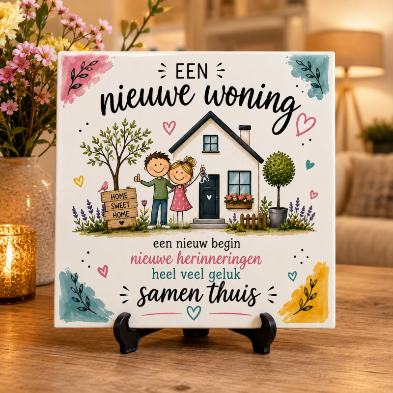 Tegeltje Nieuwe Woning – Een Nieuw Begin – Samen Thuis – 15 x 15 cm – Verhuiscadeau – Housewarming Cadeau