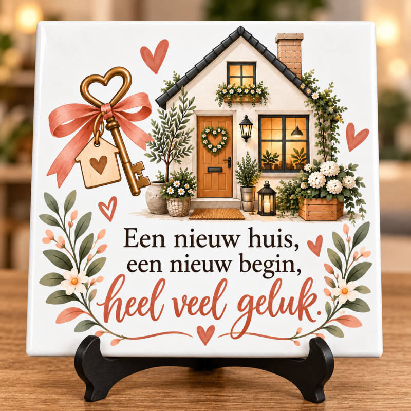 Tegeltje Nieuwe Woning – Een nieuw huis, een nieuw begin, heel veel geluk – Housewarming Cadeau – 15 x 15 cm