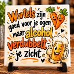 Tegeltje met Spreuk – Wortels Zijn Goed Voor Je Ogen Maar Alcohol Verdubbelt Je Zicht – Grappig Bier Tegeltje – Humor Cadeau – 15 x 15 cm
