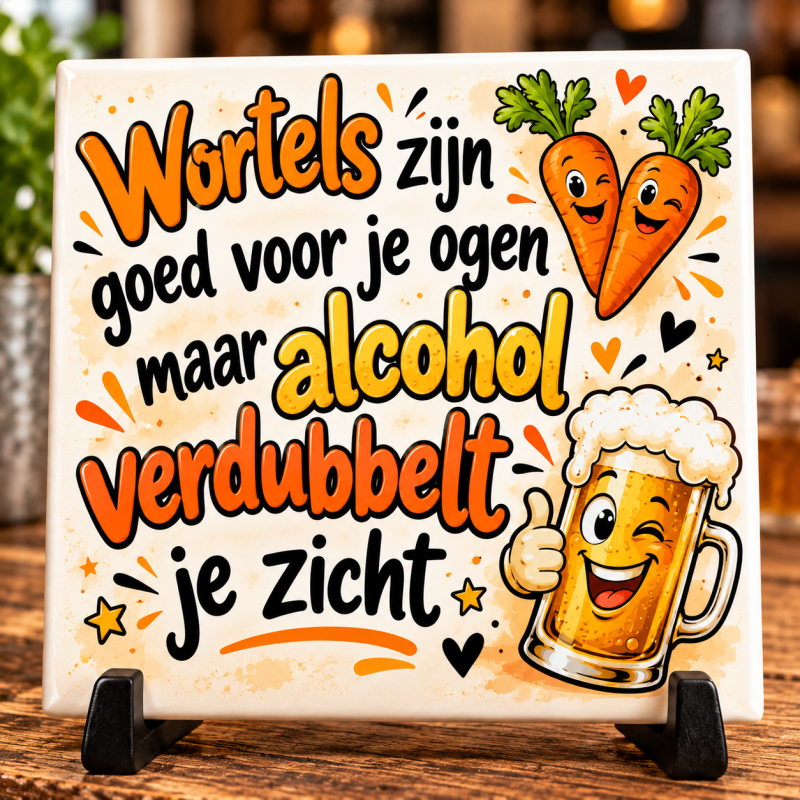 Tegeltje met Spreuk – Wortels Zijn Goed Voor Je Ogen Maar Alcohol Verdubbelt Je Zicht – Grappig Bier Tegeltje – Humor Cadeau – 15 x 15 cm