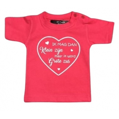 Aankondiging bekendmaking zwangerschap, tekst Ik mag dan klein zijn maar ik word grote zus Baby T-shirt fuchsia