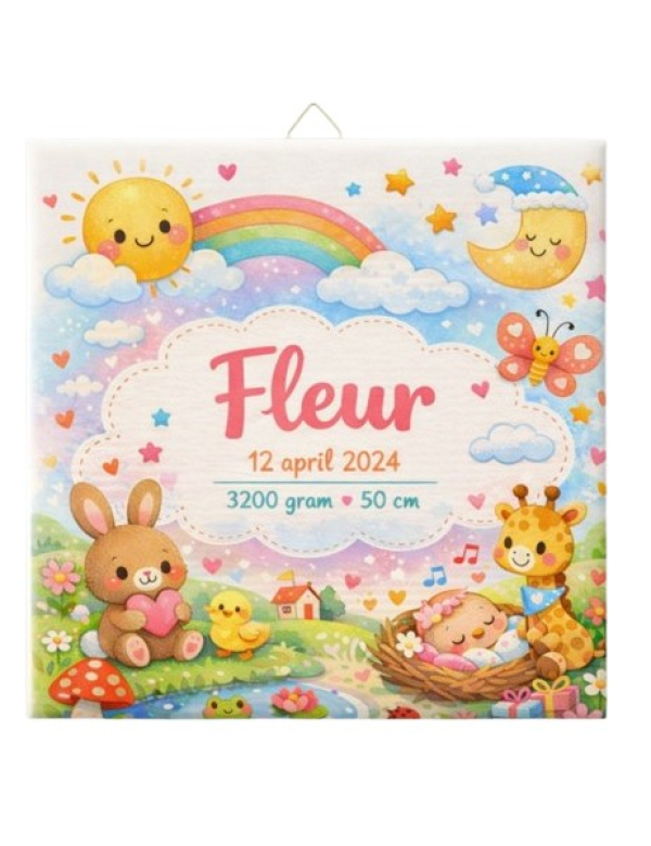 Geboorte tegeltje baby giraffe met regenboog