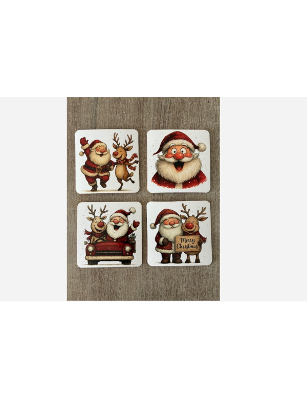 Kerst onderzetters setje van 4 stuks kurk kerstman met rendier
