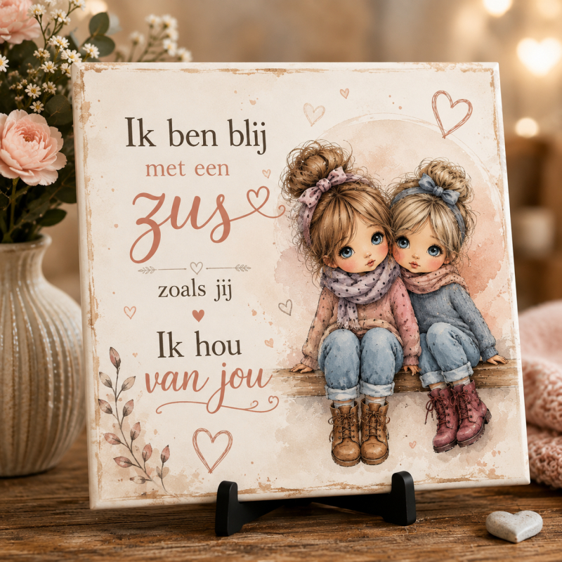 Tegeltje 'Ik ben blij met een zus zoals jij' – Liefdevol Cadeau voor Zus – 15 x 15 cm