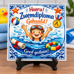 Zwemdiploma A Tegeltje 15x15 cm – Hoera Zwemdiploma Gehaald – Cadeau voor Diploma A – Zwemcadeau Kind